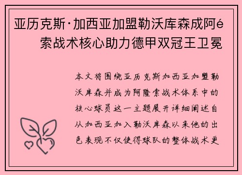 亚历克斯·加西亚加盟勒沃库森成阿隆索战术核心助力德甲双冠王卫冕 亚历克斯·加西亚加盟勒沃库森成阿隆索战术核心助力德甲双冠王卫冕