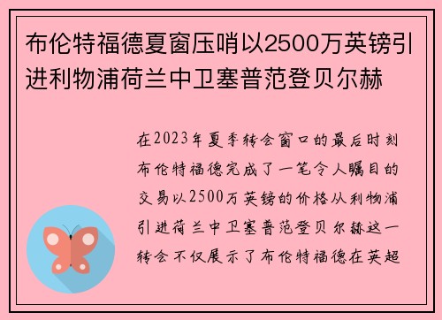 布伦特福德夏窗压哨以2500万英镑引进利物浦荷兰中卫塞普范登贝尔赫 布伦特福德夏窗压哨以2500万英镑引进利物浦荷兰中卫塞普范登贝尔赫